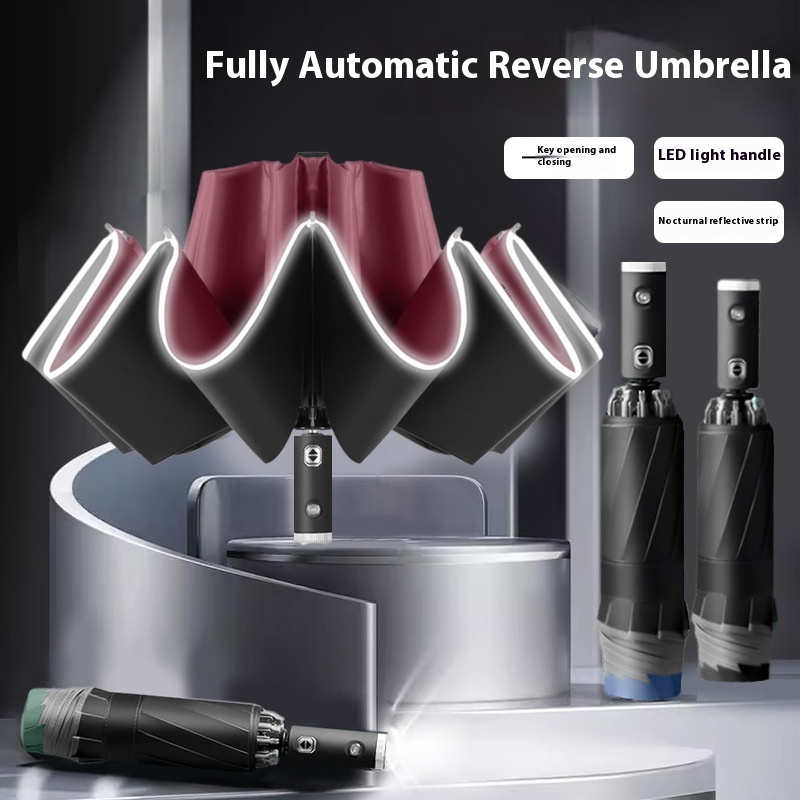 Ten-bone Automatic Reverse Umbrella Creative LEDFlashlight Folding Umbrella Reflective Strip
