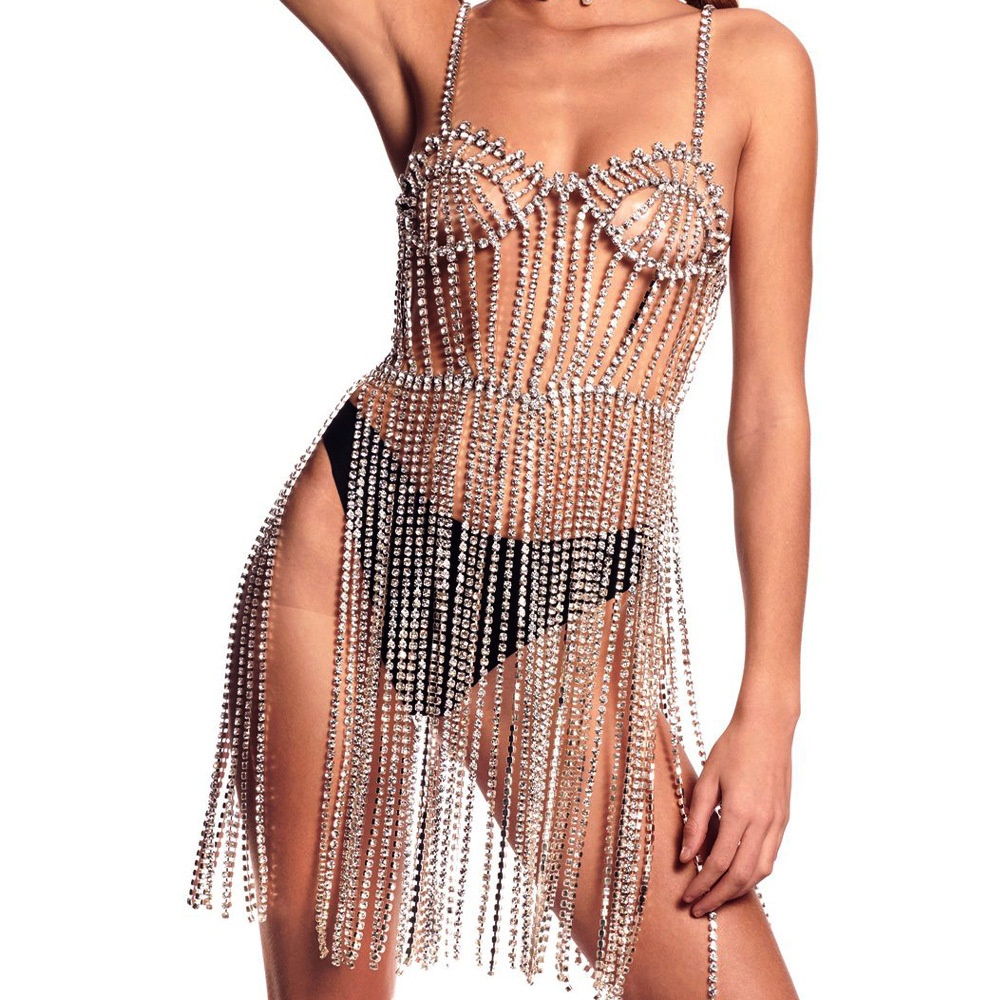 Product Exaggerated Fashion Long Tassel Waist Chain European And American Full Diamond Sexy Body Chain Female Body Chain