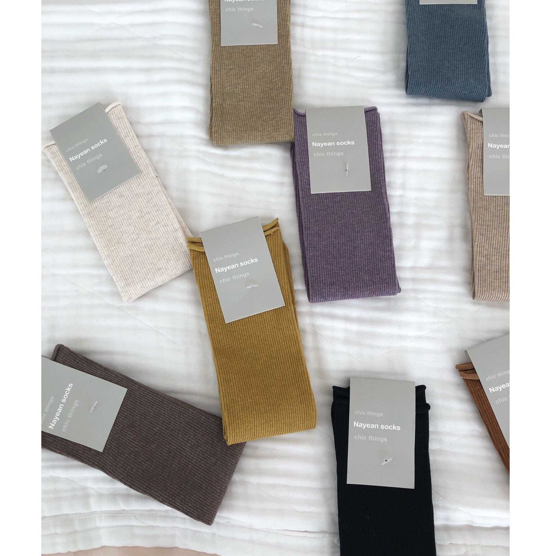 Spring And Summer Korean Curled Vertical Striped Color Spun Yarn Morandi Color Women's Middle-tube Socks Stacked Socks