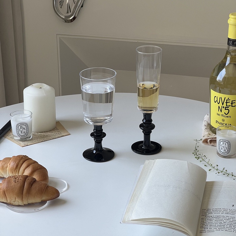 Vintage French Medieval Black Stem Tall Glass Beaded Retro Style Ice Wine Champagne Glass