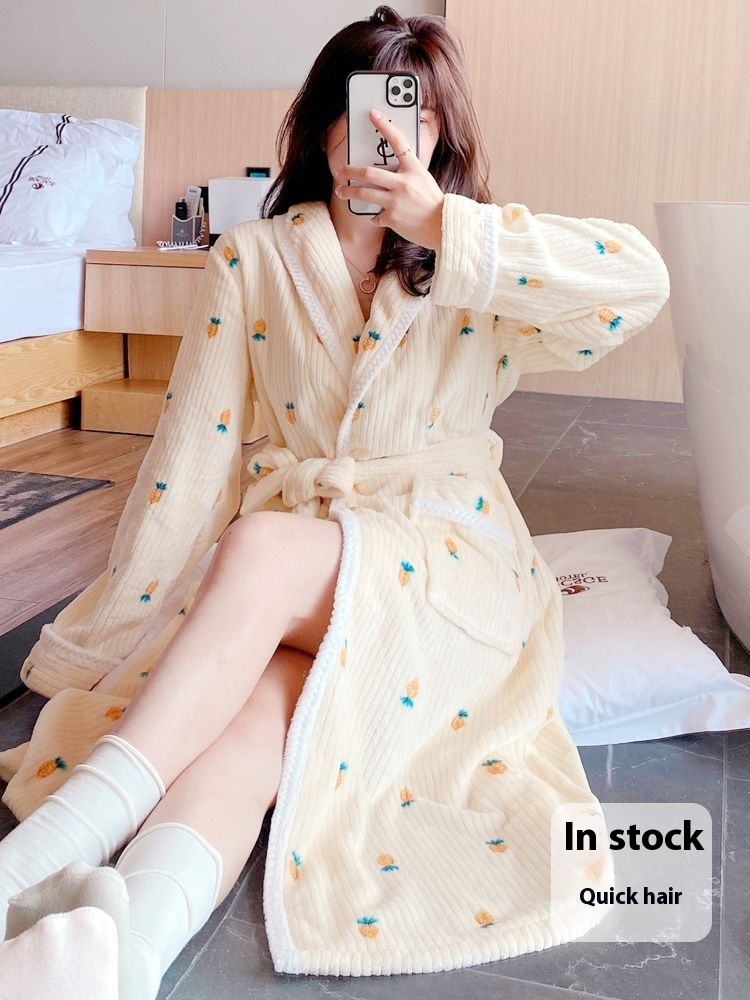 Pajamas Women Autumn And Winter Thick Coral Fleece Sweet Cute Princess Style Nightgown Home Clothes Bathing Long Bathrobe
