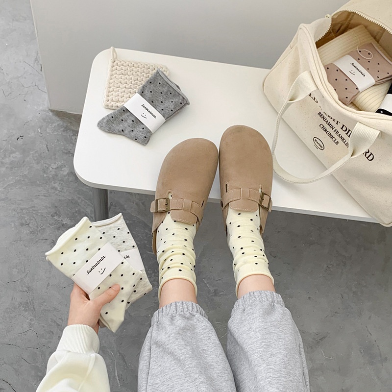 Cute Socks For Women Spring And Summer Sweat-absorbenty Cream Curled Dot Mid-tube Socks Literary Confinement Socks