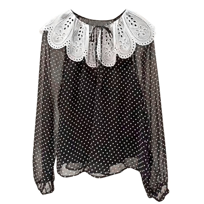 CPSpring And Summer Polka Dot Printed See-through Chiffon Shirt Two-piece Lace Doll Collar Lace-up Top