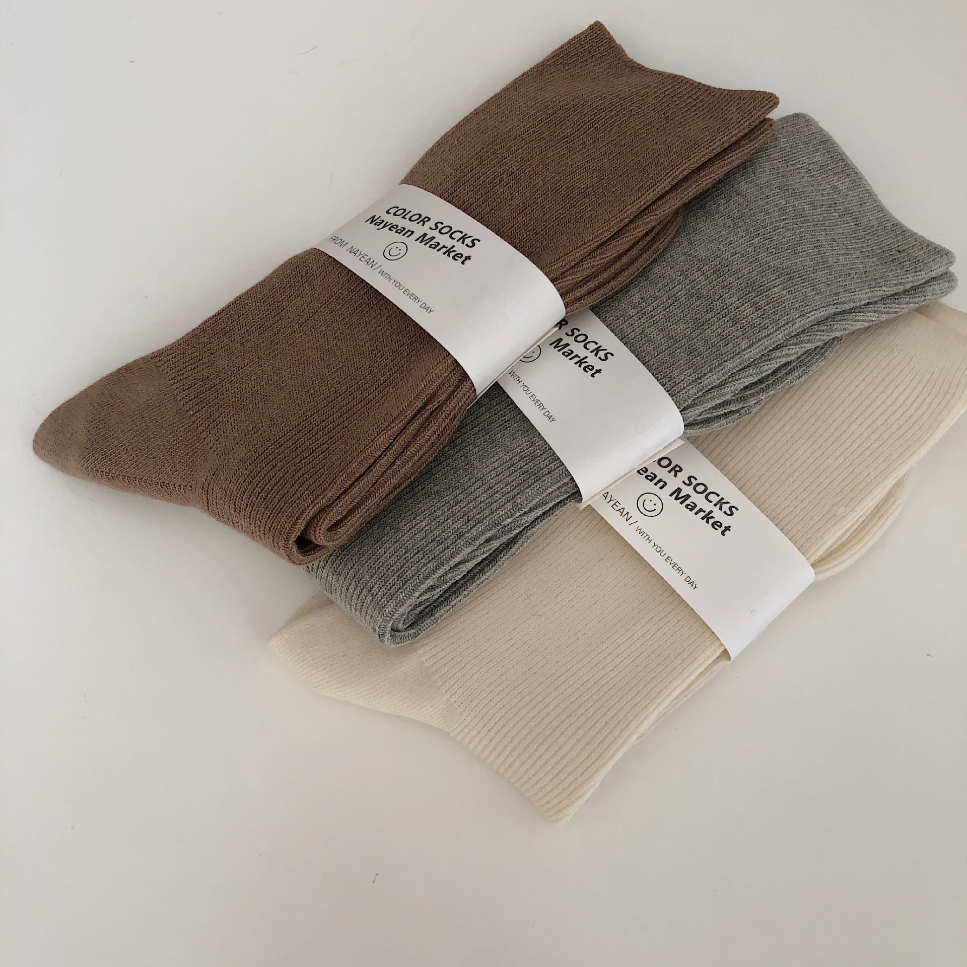 Korean Girl Matches Black,White,Gray And Brown Socks Solid Color Double Needle Vertical Stripes Mid-tube Women's Socks