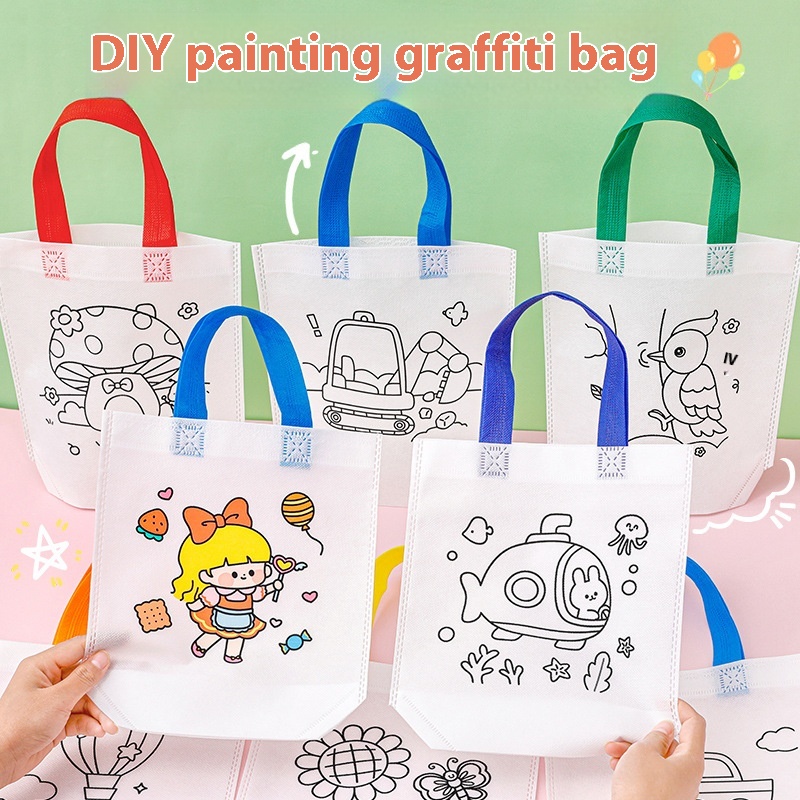Children's Handmade DIYPainting Graffiti Bag Kindergarten Gift Cartoon Non-woven Painting Coloring Handbag