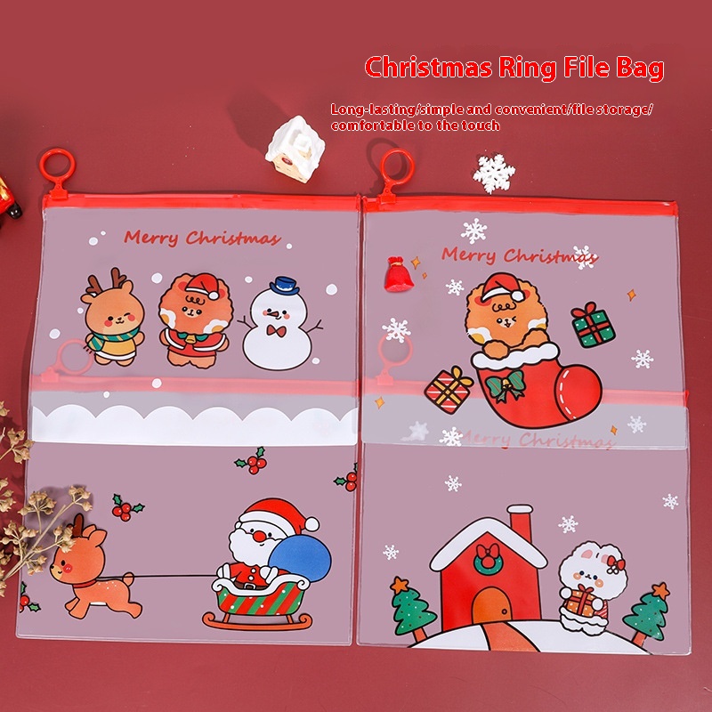 Cartoon Christmas Ring File Bag Student Girl Heart Zipper Bag Multifunctional Transparent Stationery Storage File Bag