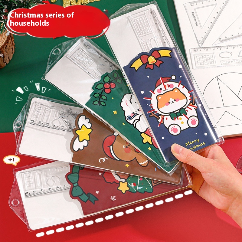 Student Cartoon Christmas Ruler Set Cute Triangle Ruler Four-piece Ruler Set Children's Christmas Stationery Gift