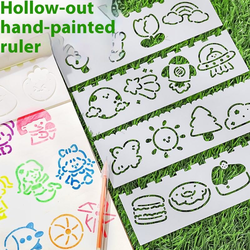Hangsu Original Cartoon Hand-painted Ruler Student Diy Hand Copyspaper Hollow Template Painting Multifunctional Lace Ruler4 Pieces