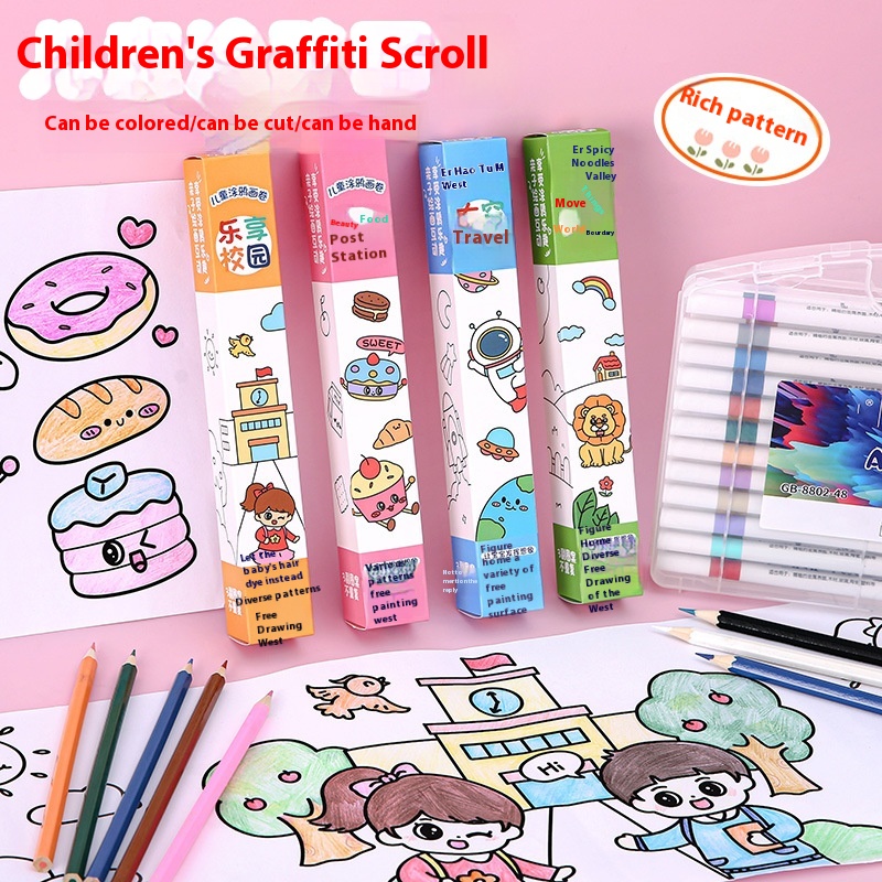 Children's DIYGraffiti Scroll Kindergarten Educational Reward Small Gift Cartoon Hand-painted Canvas Long Scroll