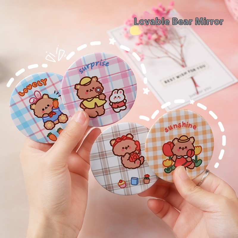 Cartoon Makeup Mirror Cute Plaid Bear Style Portable Mirror Girls Makeup Mini Mirror Dressing Mirror