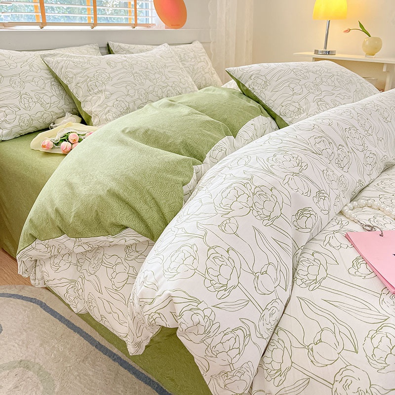 Quality Home Green Fresh Net Red Pure Cotton Four-piece Set Full Cotton Quilt Cover Bed Sheet Bed Sheet Bed Bag One Piece Dery