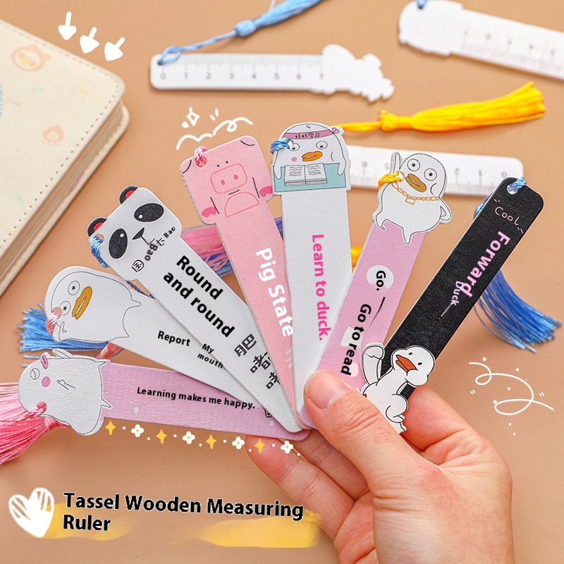 Korean Creative Cartoonpirational Duck Wooden Ruler Small Fresh Cute Tassel Pendant Wooden Bookmark Flip Book Clip