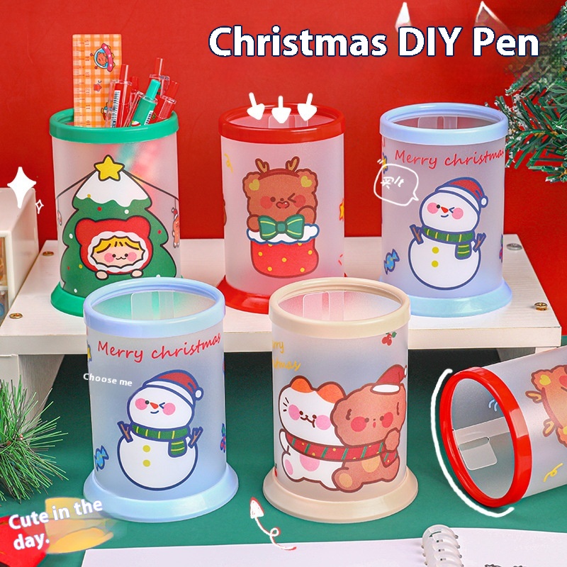 Cartoon Christmas Snowman Pen Holder Diy Folding Pen Holder Desktop Storage Box Student Christmas Cute Stationery Prize