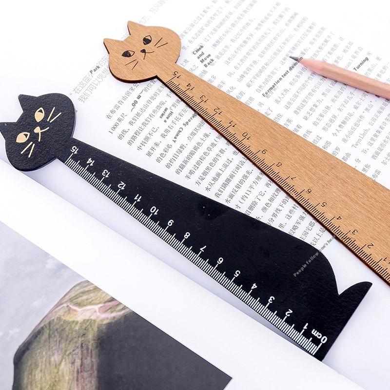 Korean Stationery Ruler Cartoon Cute Cat Shape Solid Wood Ruler Measuring Ruler Student Prize