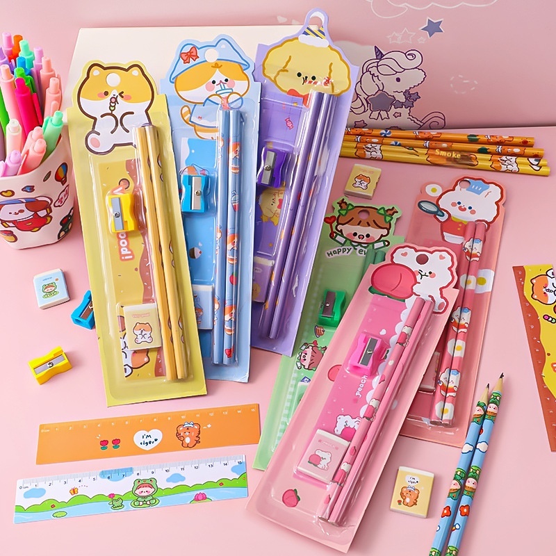 Cartoon Pencil Set Student Learning Stationery Five-piece Set Children's Painting Sketch Supplies Kindergarten Small Prizes