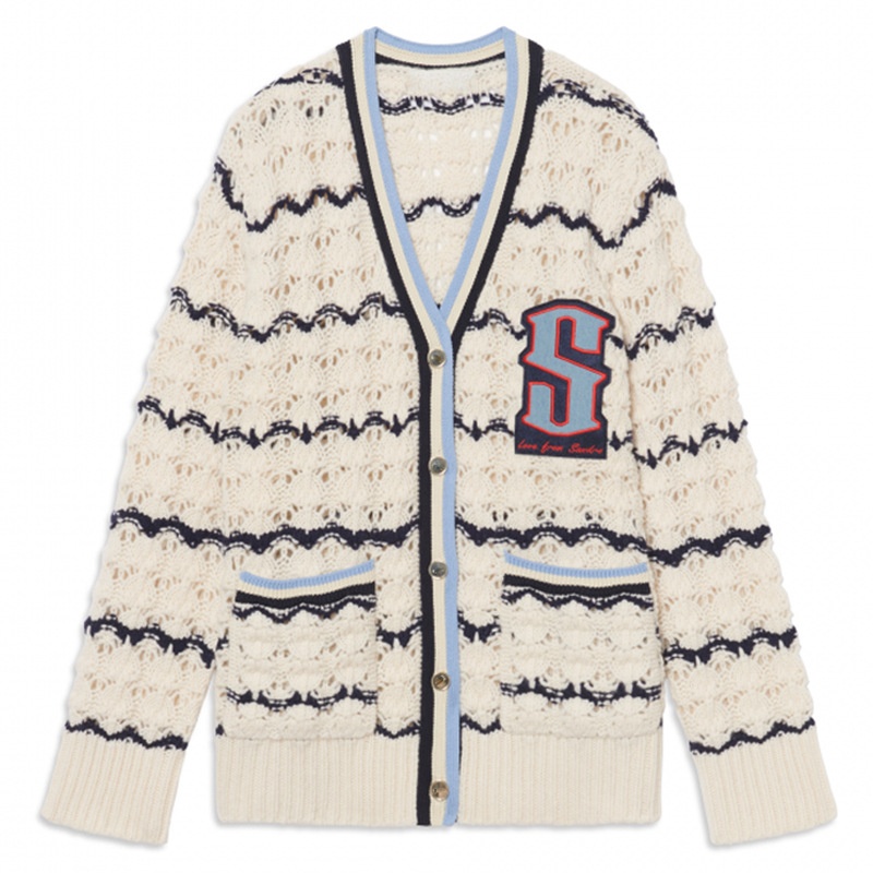 French SHouse Early Spring Letter Embroidery Striped Knitted Cardigan Women's V-neck College Style Sweater Jacket