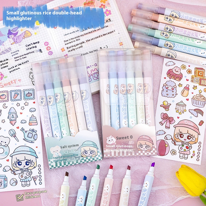Cartoon Small Glutinous Rice Double-headed Fluorescent Pen Student Color Graffiti Handbook Pen Light Color Eye Protection Key Mark Pen