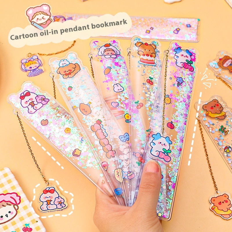 Oil Quicksand Bookmark Ruler Girl Heart Learning Pendant Scale Ruler Multifunctional Pendant Painting Ruler15cm
