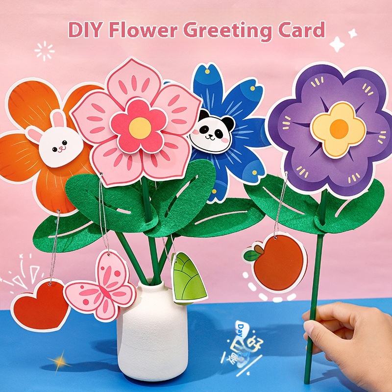 Cartoon DIYFlower Greeting Card Children's Thank You Blessing Card Material Package Children's Day Small Red Flower Reward Small Gift