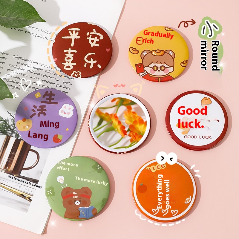 Cartoonpirational Text Small Round Mirror Student Mini Portable Makeup Mirror Cute Creative Makeup Small Mirror