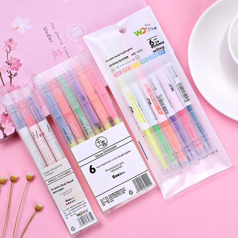 Korean Creative Double-headed Two-color Fluorescent Pen6 Packs Student Key Sentence Marker Pen Color Oblique Head Marker Pen