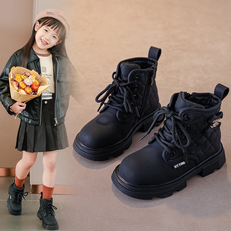 Girls Leather Boots Autumn And Winter Stylish Princess Children's Single Boots British Style Plus Velvet Casual Little Girl Martin Boots