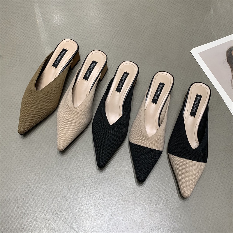 French Niche Sandals For Women Spring And Summer Thick Heel Pointed Toe Outdoor Wear Half-slip Elastic Cloth Single Shoes