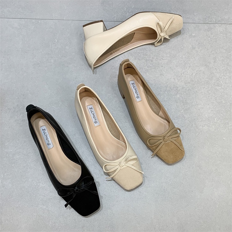 Bowknot Shallow-mouth Shoes For Women Thick Heels Spring Style Fairy Style Square Toe Slim Mid-heel Grandma Shoes