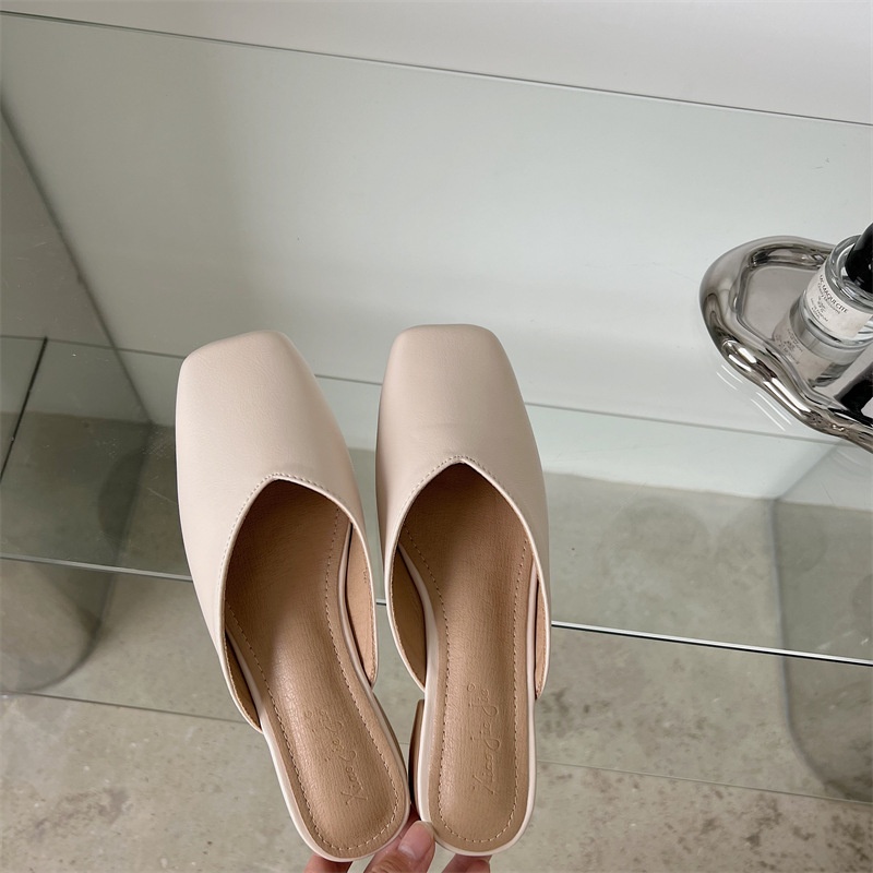 Women's Thick-heeled Half-slippers With Closed Toe For Outdoor Wear Spring And Summer All-match Korean Version Of Niche French Mid-heeled Slippers For Women