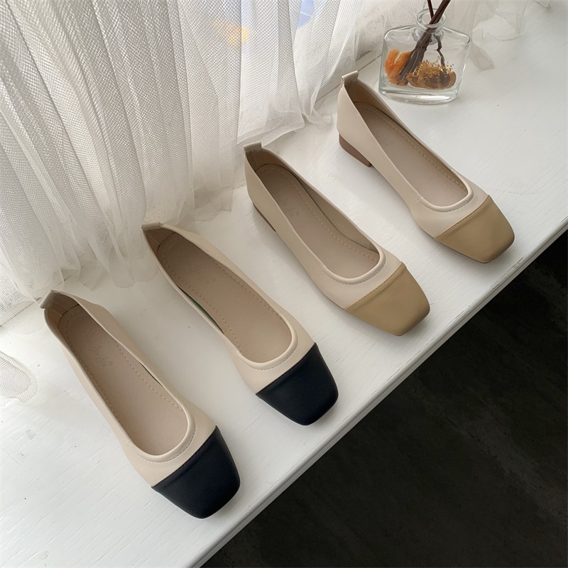 Beautiful And Breathtaking~Square Toe Color Matching Thick Heel Soft Leather Fairy Grandma Shoes Women's Summer Soft Bottom Low Heel Ladies Single Shoes