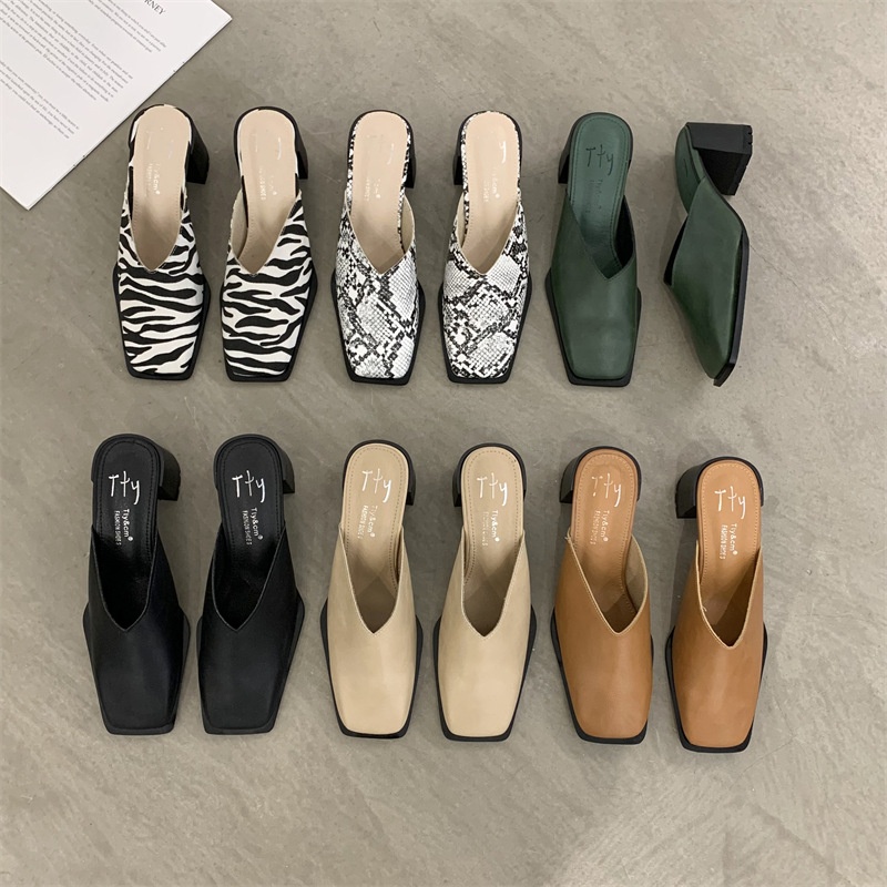 High-heeled Half-slippers For Women To Wear Outdoors,All-match,Spring Korean Style Lazy One-step Square-toed Mules Small Leather Shoes