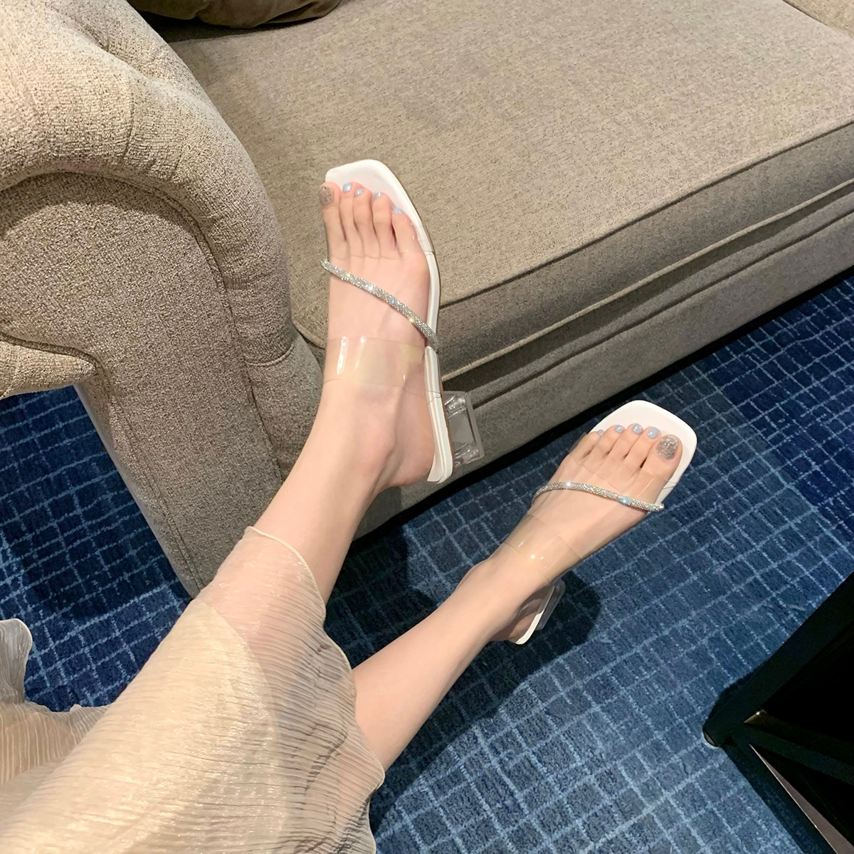 Grape Mom's Spring Diamond Strap Transparent Square Head Leg Lengthening Crystal Thick Heel Sandals Women's High Heels