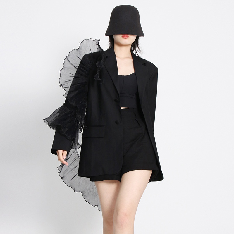 Temperament Sexy Suit Spring Style Fashion Mesh Three-dimensional Ruffle Irregular Loose Straight Jacket