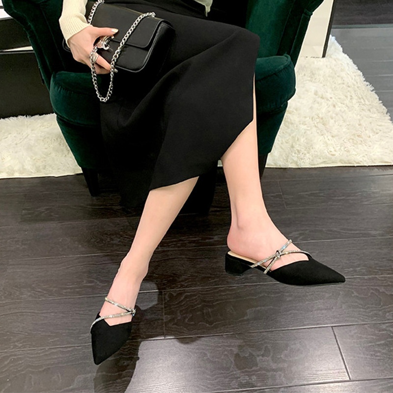 Su Yinyin Spring French Elegant Pointed Sandals Diamond Strap One-foot Thick Heel Half Slippers For Women