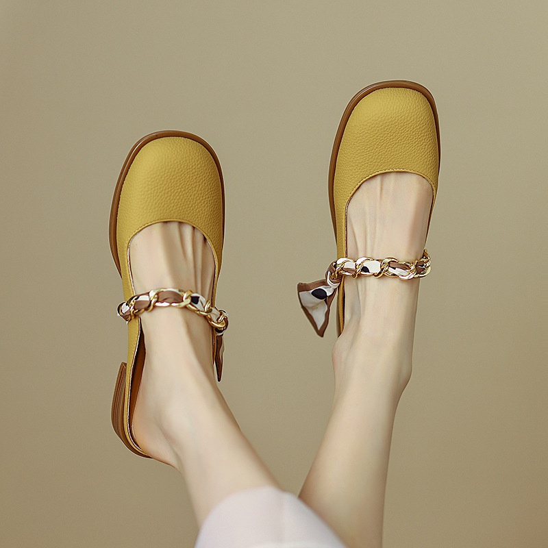 Baotou Slippers Low Heel Metal Chain Ribbon Mules Summer Simple European And American Round Toe Comfortable Slippers