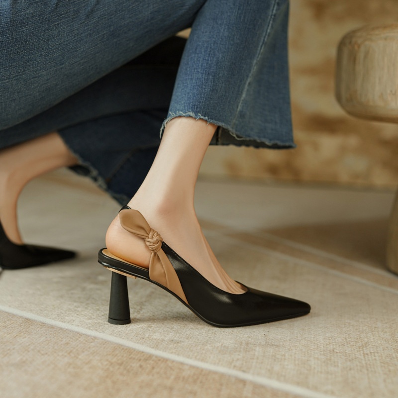 Sheepskin Simple Pointed Shallow Bow Temperament Sandals Summer Sweet High Heels For Women