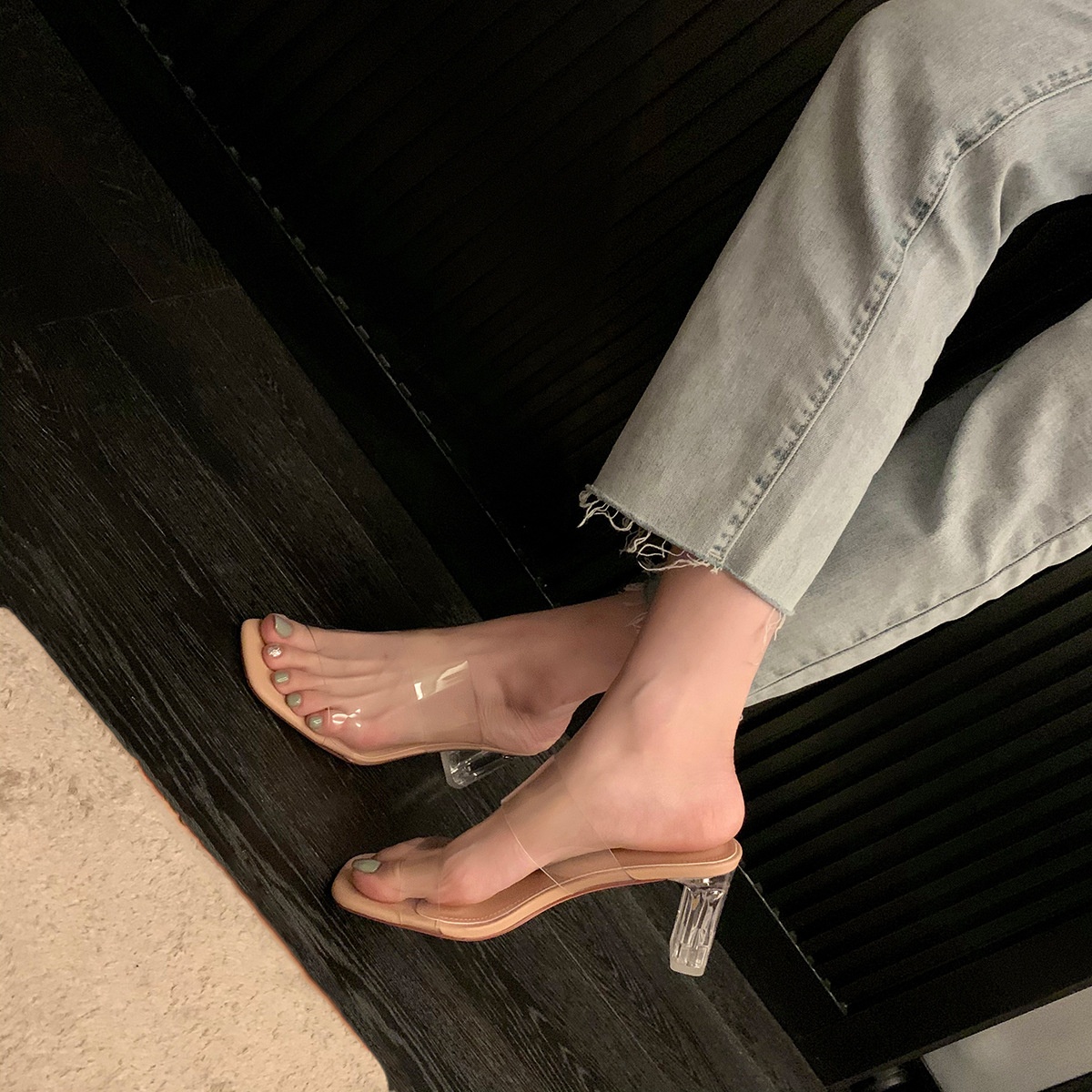 Grape Mom's Fairy-style Slippers Transparent One-strap Crystal Medium-high Thick-heeled Sandals For Women To Wear Outside In Summer