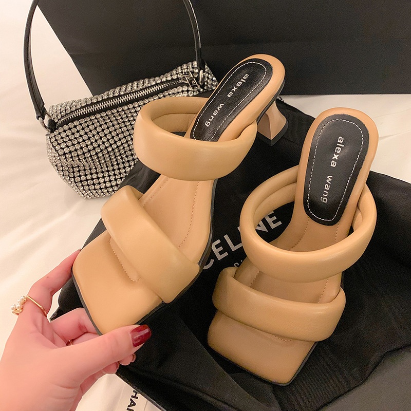 Lambskin Soft Sole French Shit-feeling Square Toe Thick Heel Sandals High Heel Slippers Women's Summer Outdoor Sandals