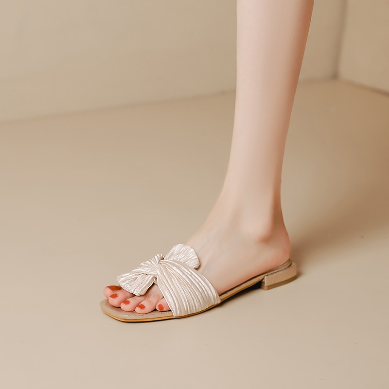 Women's Sandals For Summer Outdoor Wear Fairy Style Soft Bottom Low Heel Bow Half-slip Beach Sandals For Women