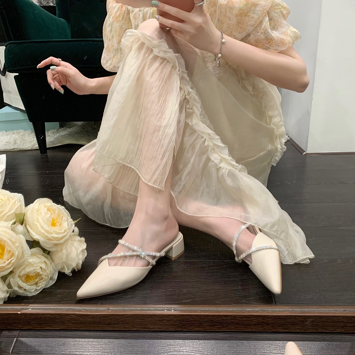 Grape Mom French Elegant Pointed Sandals Diamond Thick Heel Medium High Heel Half Slippers Women Summer