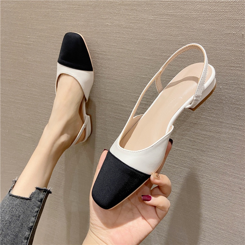 Chanel Style Color Matching French Style Open Toe Sandals For Women Style Women's Summer Flat Bottom Empty Retro Square Toe Women's Single Shoes