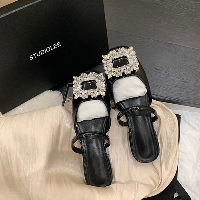 Su Yinyin Spring Sexy Rhinestone Flat Sandals Women's Shallow Mouth Square Head Mary Jane Sandals