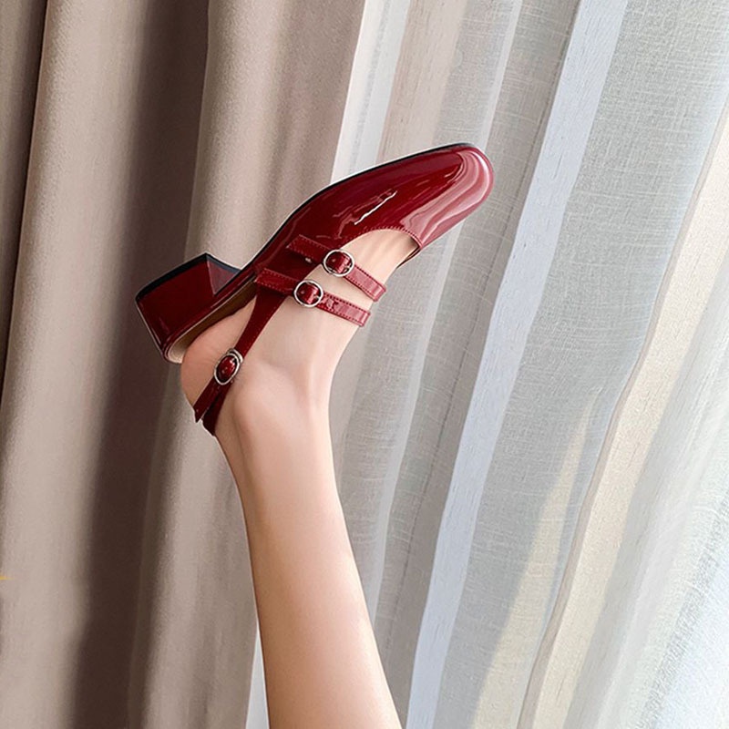 Su Yinyin's Andu Girls~Round Head Covered Head Double Buckle Thick Heel Sling Back Sandals For Women Spring