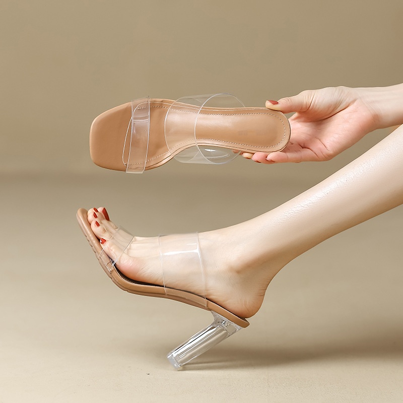 Transparent High Heels Summer Genuine Leather Style Online Celebrity All-match Outdoor Slippers With Skirt Crystal Thick Heel Sandals For Women
