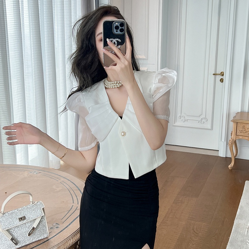 Summer Women's Clothing Age-reducing Doll Collar Slim Fit Small Suit Short Slimming Puff Sleeve Top50147