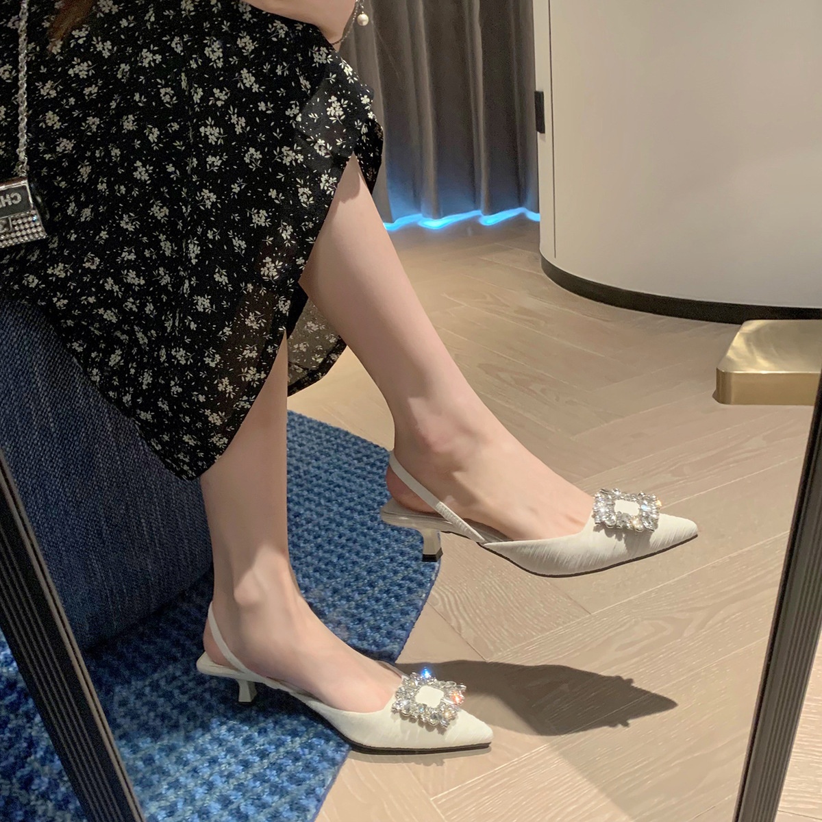 Grape Mom's Spring Square Buckle Rhinestone Pointed Stiletto Sandals Shallow Mouth Back High Heel Sandals For Women