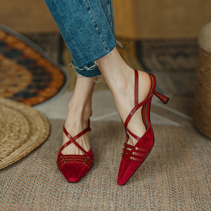 French Retro~Color Matching Pointed Sandals For Women In Summer Wine Red Fashion Closed Toe Hollow Sheepskin Stiletto Heels