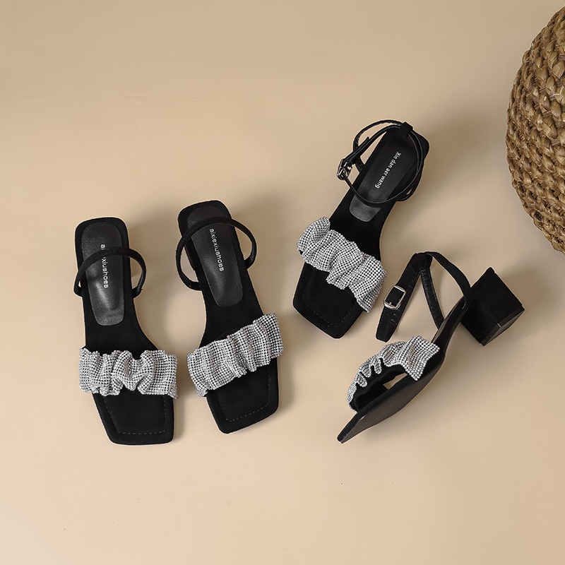 Summer Style One-word Strap Rhinestone High-heeled Sandals For Women,Open-toed Fairy-style Versatile Thick-heeled High-heeled Shoes