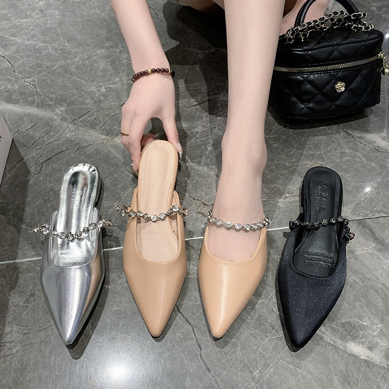 Wanziyan Baotou Half Slippers For Women Pointed Flat Rhinestone Chain Silver Mules Outdoor Sandals