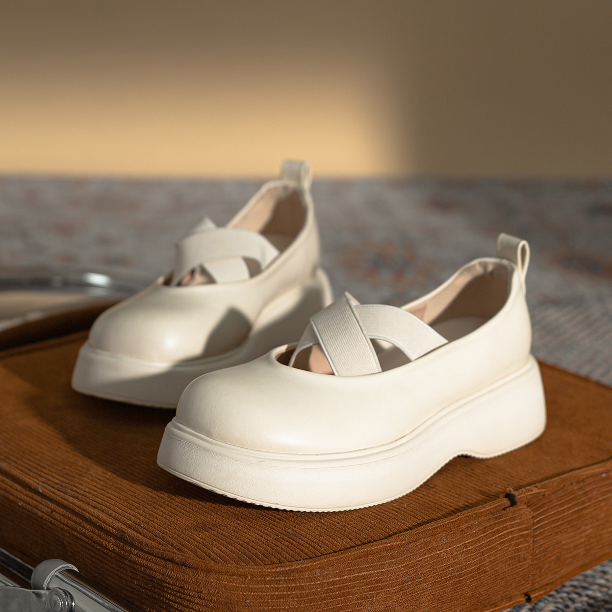 Four Seasons Round Toe Platform Thick Bottom Leather Shoes Cross Elastic Band Ballet Style Single Shoes For Female Students All-match